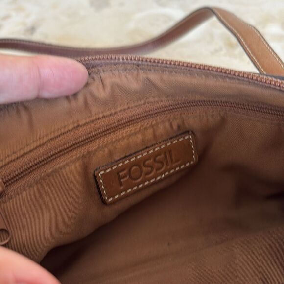 Fossil Khaki Beige Signature Canvas Brown Leather Small Satchel Shoulder Bag - Picture 14 of 16